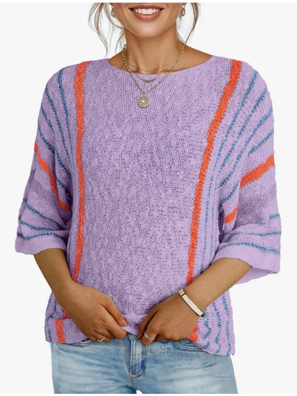 SHEIN Lilac Knit Sweater with Coral & Teal Stripes